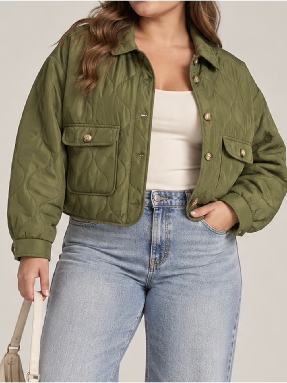 mine Olive Green Quilted Crop Utility Jacket
